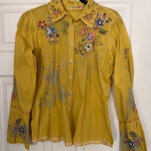 Johnny Was Mustard yellow embroidered fitted shirt size XS/S